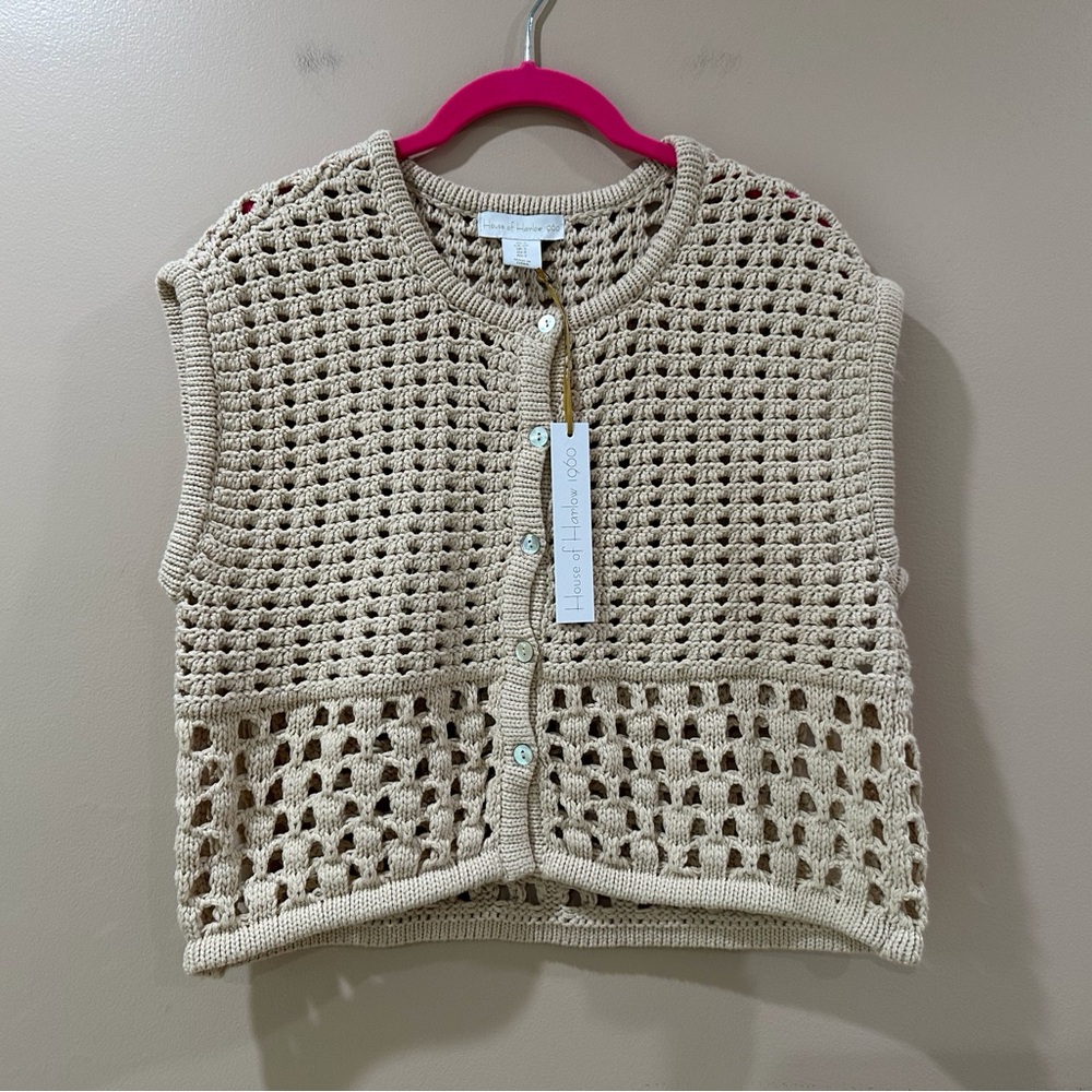 House of Harlow 1960 Cream Crochet Sweater Vest Button Front Boho Open Knit Smal